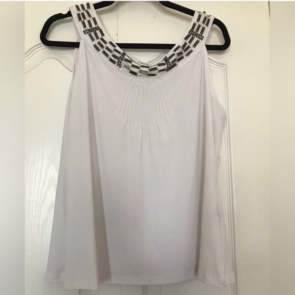 Calvin Klein Tops - Calvin Klein White Beaded Neck Sleeveless Top